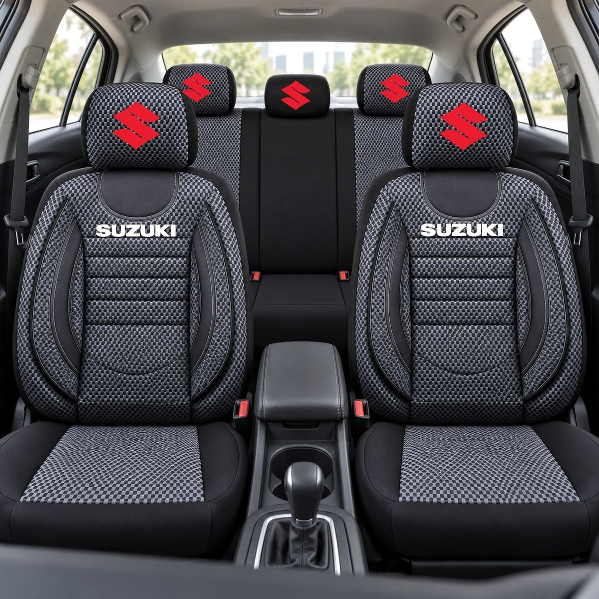 Set Huse Scaune Universale City, Gri cu Negru Personalizate cu Suzuki