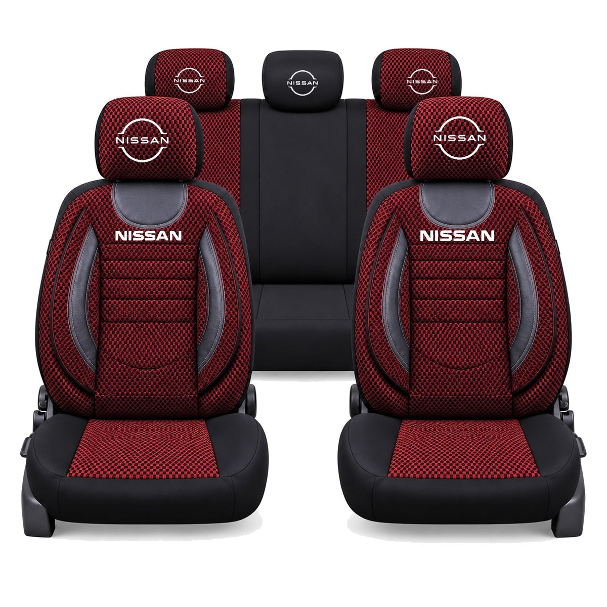 Set Huse Scaune Universale City, Rosu cu Negru Personalizate cu Nissan Logo Nou