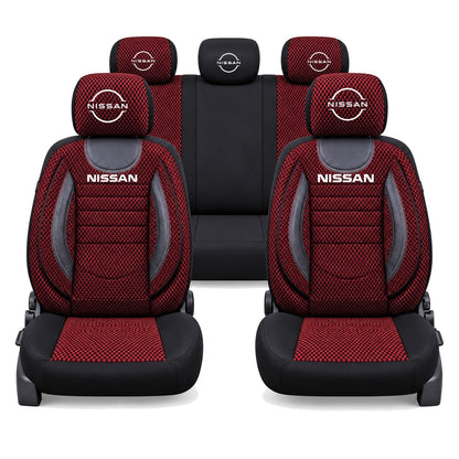 Set Huse Scaune Universale City, Rosu cu Negru Personalizate cu Nissan Logo Nou
