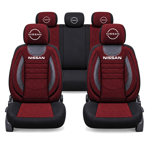 Set Huse Scaune Universale City, Rosu cu Negru Personalizate cu Nissan Logo Nou