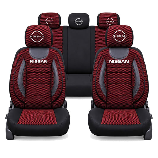 Set Huse Scaune Universale City, Rosu cu Negru Personalizate cu Nissan Logo Nou