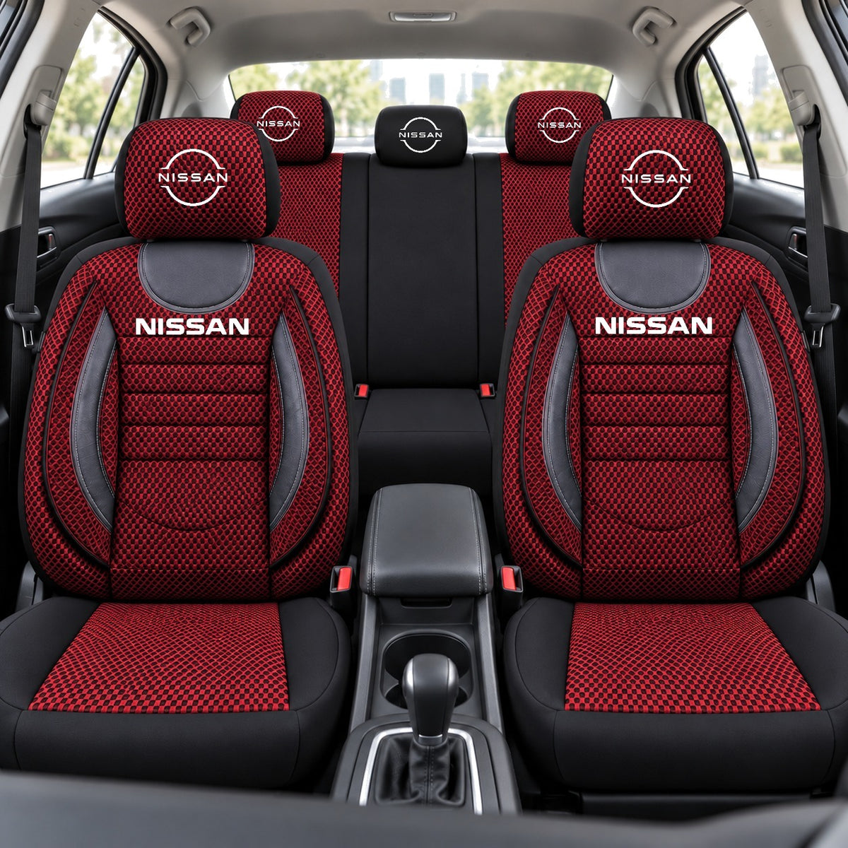 Set Huse Scaune Universale City, Rosu cu Negru Personalizate cu Nissan Logo Nou