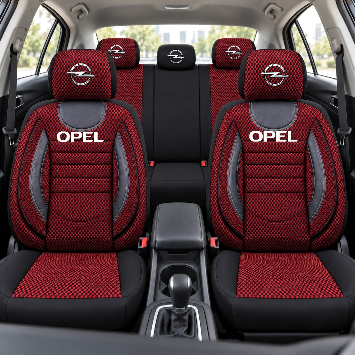 Set Huse Scaune Universale City, Rosu cu Negru Personalizate cu Opel