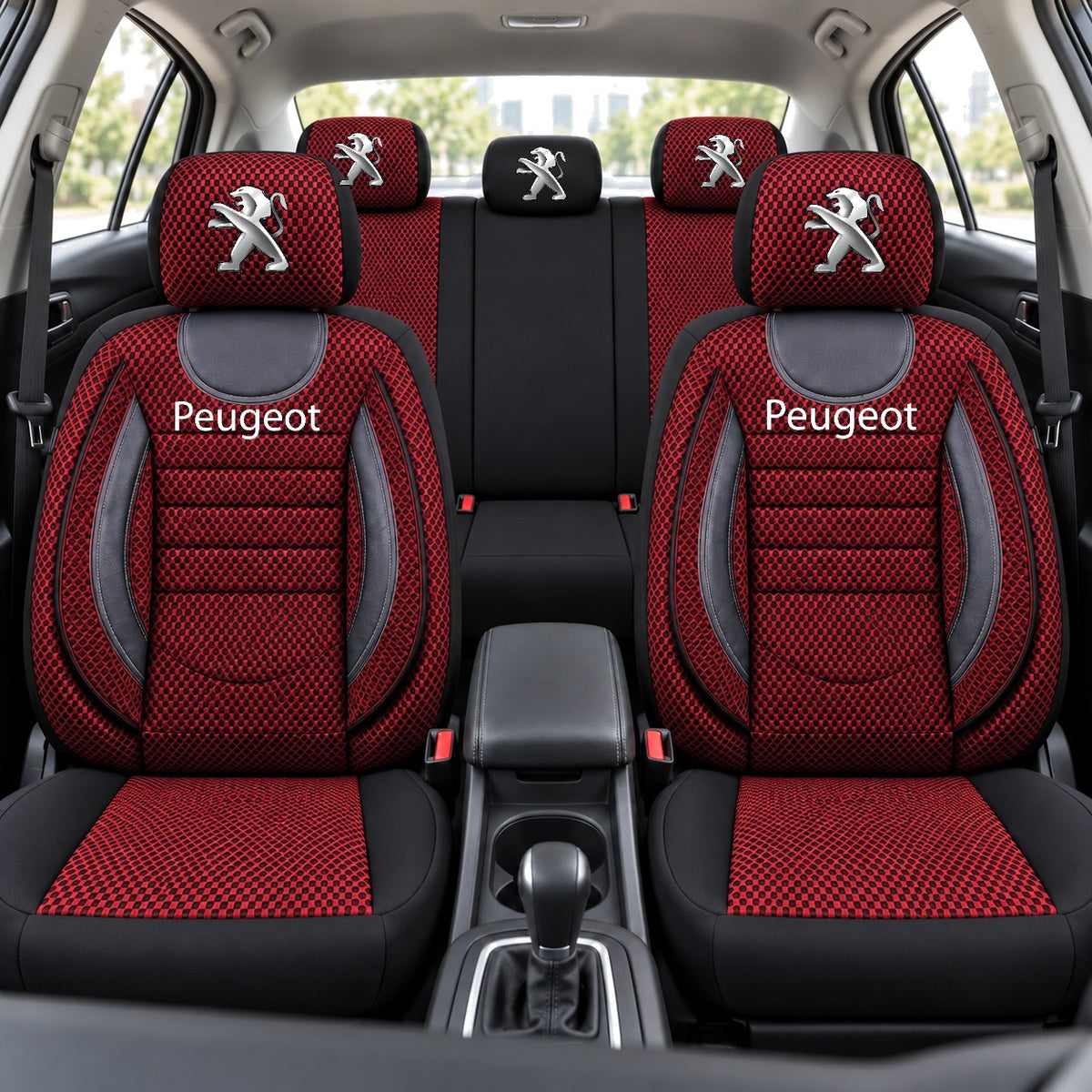 Set Huse Scaune Universale City, Rosu cu Negru Personalizate cu Peugeot
