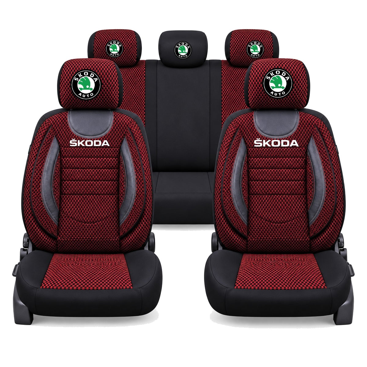 Set Huse Scaune Universale City, Rosu cu Negru Personalizate cu Skoda