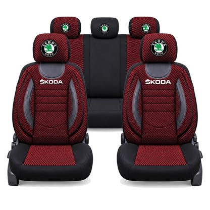 Set Huse Scaune Universale City, Rosu cu Negru Personalizate cu Skoda