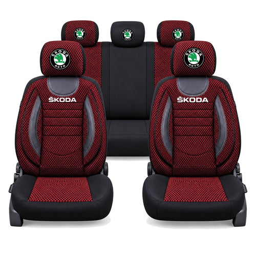 Set Huse Scaune Universale City, Rosu cu Negru Personalizate cu Skoda