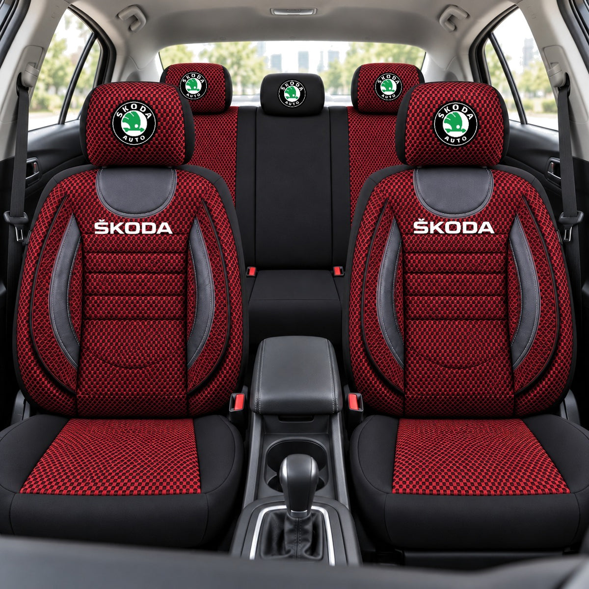 Set Huse Scaune Universale City, Rosu cu Negru Personalizate cu Skoda
