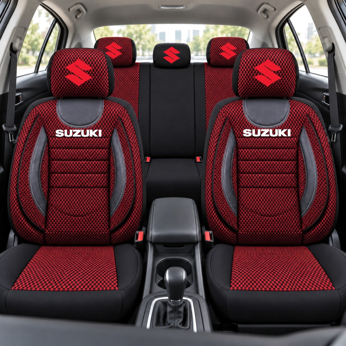 Set Huse Scaune Universale City, Rosu cu Negru Personalizate cu Suzuki