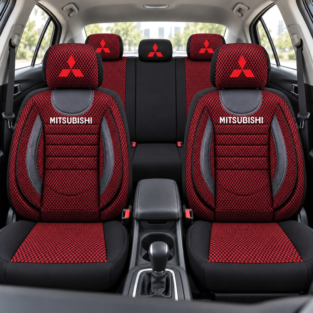Set Huse Scaune Universale City, Rosu cu Negru Personalizate cu Mitsubishi