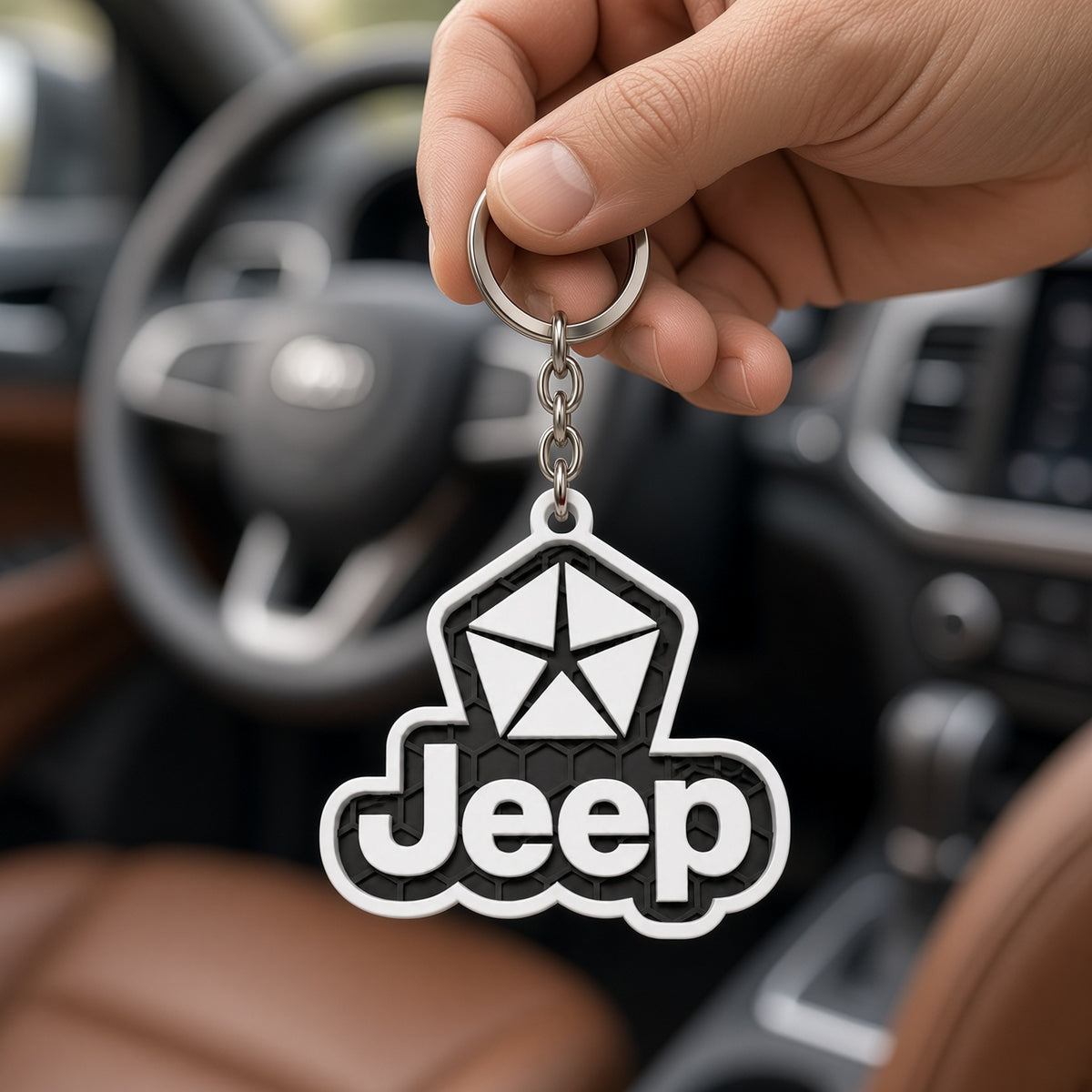 Breloc auto Jeep logo cu lanț și inel