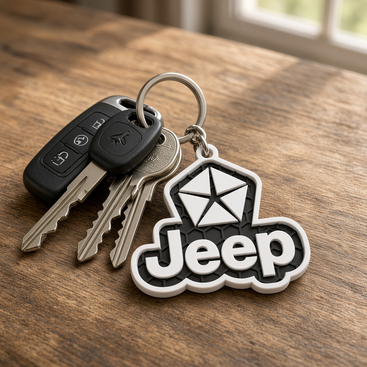 Breloc auto Jeep logo cu lanț și inel