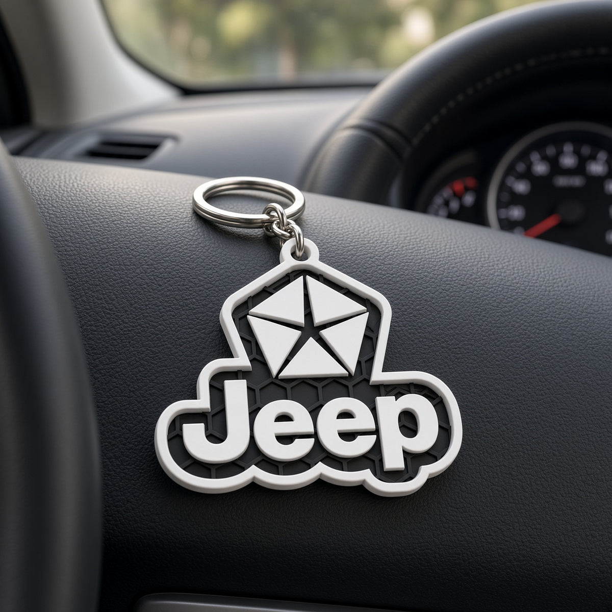 Breloc auto Jeep logo cu lanț și inel
