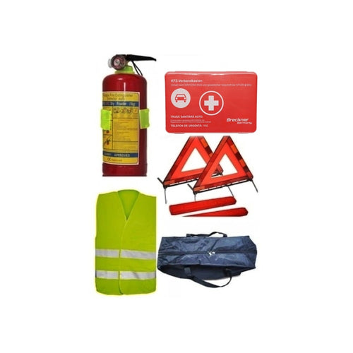 Kit siguranta auto complet Trusa cutie Rosie , 2x Triunghiuri, Stingator, Vesta, Geanta