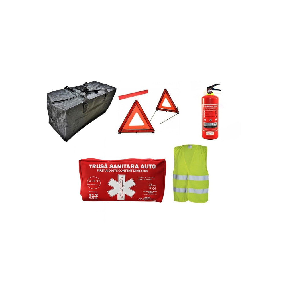 Kit siguranta auto complet Trusa tip borseta cu 2 triunghiuri, stingator, vesta si geanta