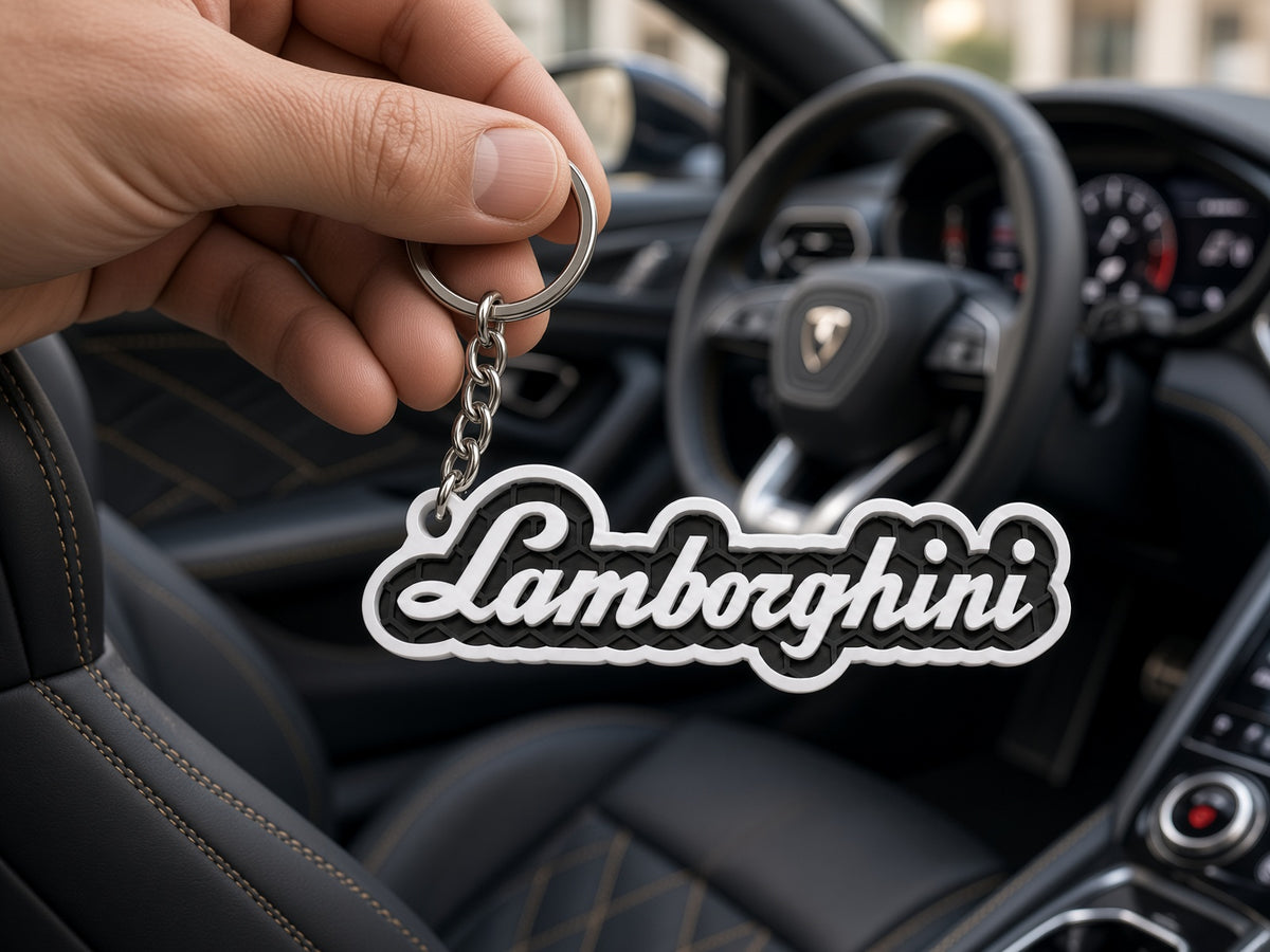 Breloc auto Lamborghini inscripție cu lanț și inel
