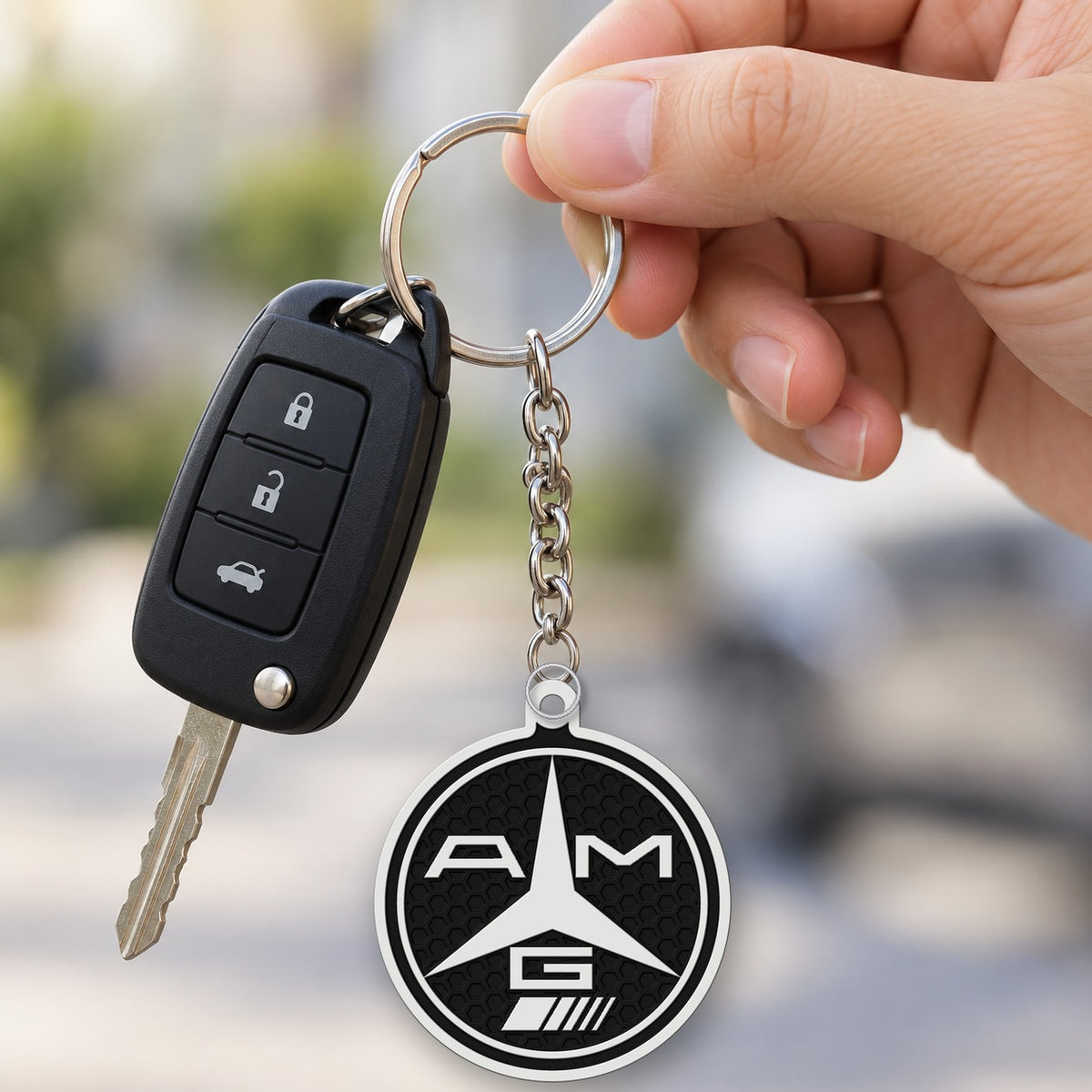 Breloc auto Mercedes-AMG rotund cu lanț și inel