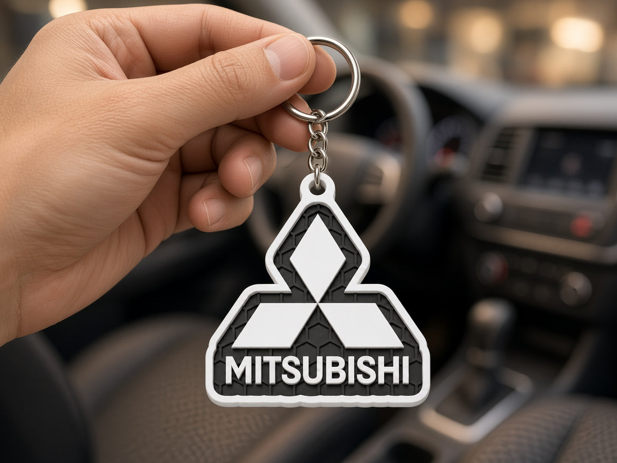 Breloc auto Mitsubishi inscripție cu lanț și inel