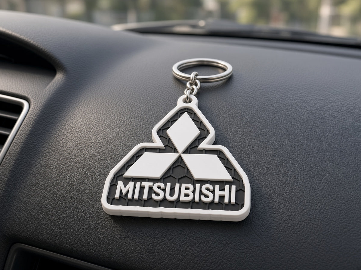 Breloc auto Mitsubishi inscripție cu lanț și inel