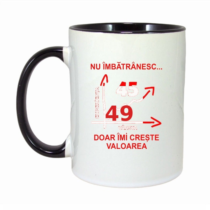 Cana personalizata cu interior negru - Nu imbatranesc doar imi creste valoarea - 330ml