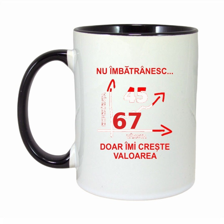 Cana personalizata cu interior negru - Nu imbatranesc doar imi creste valoarea - 330ml