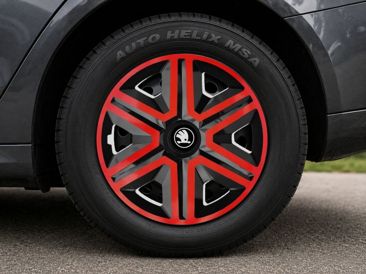 Set 4 Capace Roti, Potrivite Jantelor de 14 inch, Pentru Skoda Nou, Model Negru si Rosu