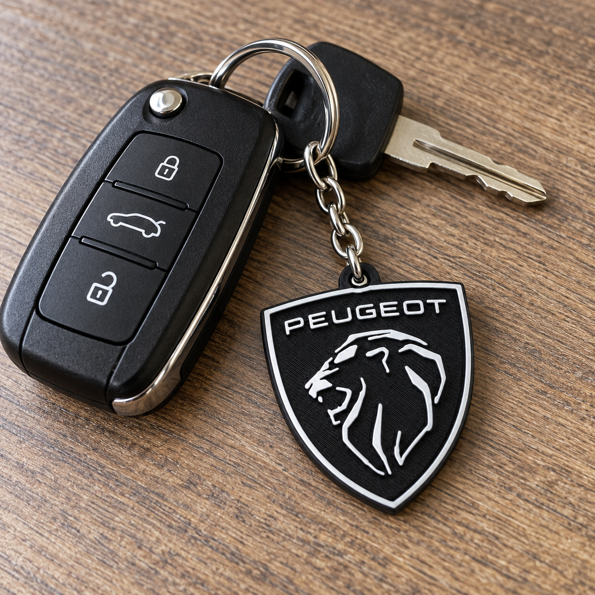 Breloc auto Peugeot cu lanț și inel