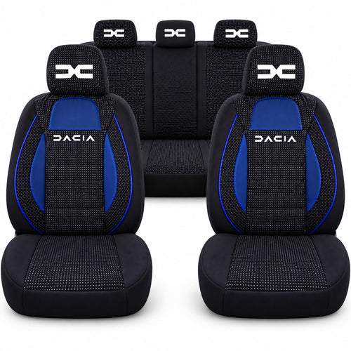 Set huse scaune Racing albastru cu negru cu logo Dacia Nou