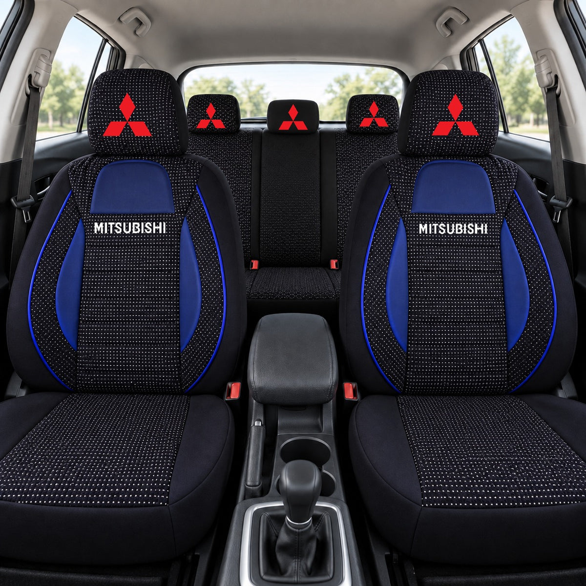 Set huse scaune Racing albastru cu negru cu logo Mitsubishi