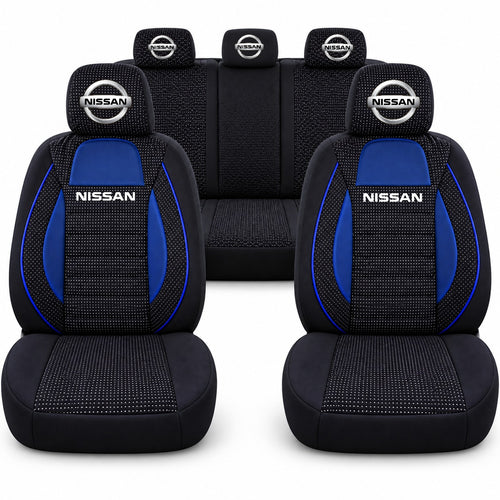 Set huse scaune Racing albastru cu negru cu logo Nissan