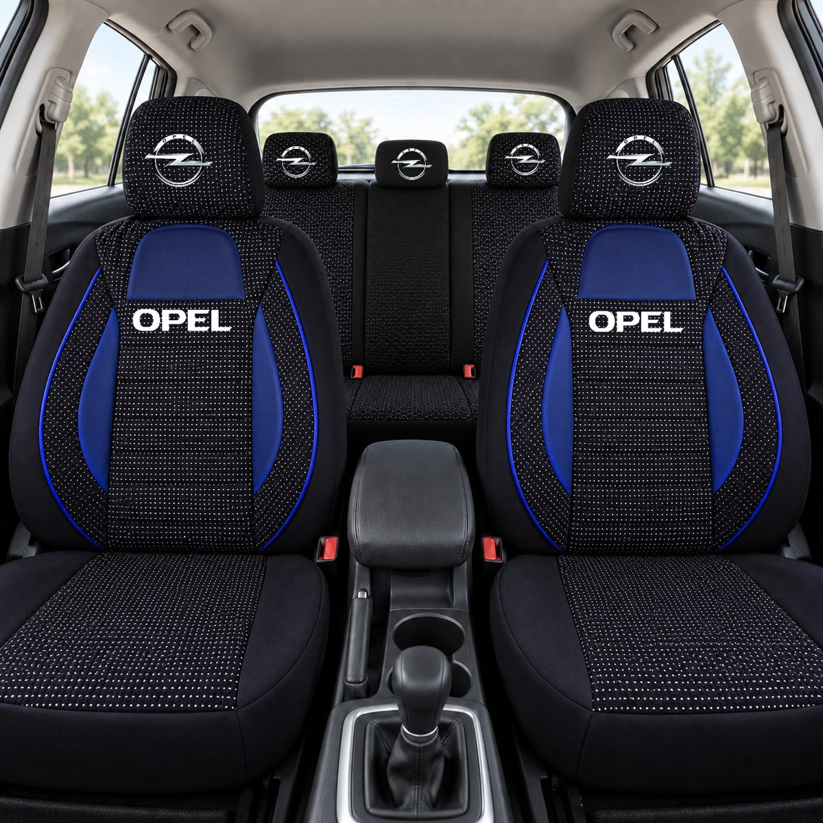Set huse scaune Racing albastru cu negru cu logo Opel