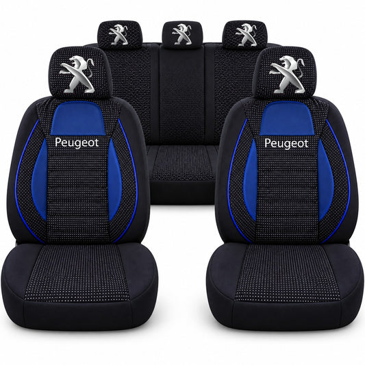 Set huse scaune Racing albastru cu negru cu logo Peugeot