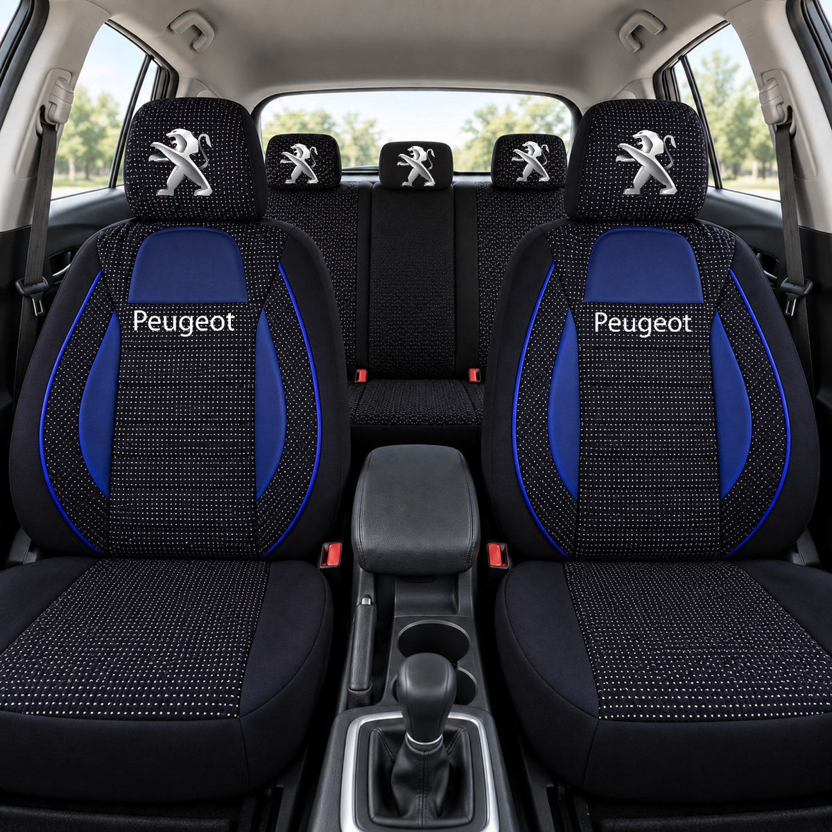 Set huse scaune Racing albastru cu negru cu logo Peugeot