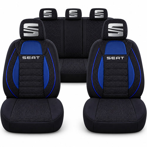 Set huse scaune Racing albastru cu negru cu logo Seat
