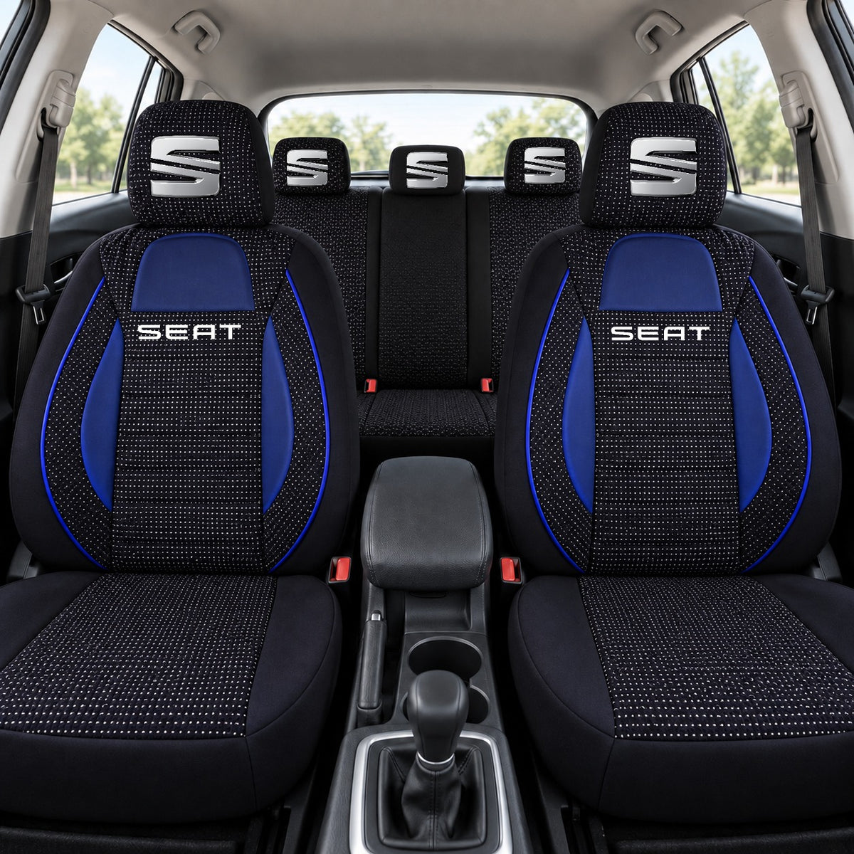 Set huse scaune Racing albastru cu negru cu logo Seat
