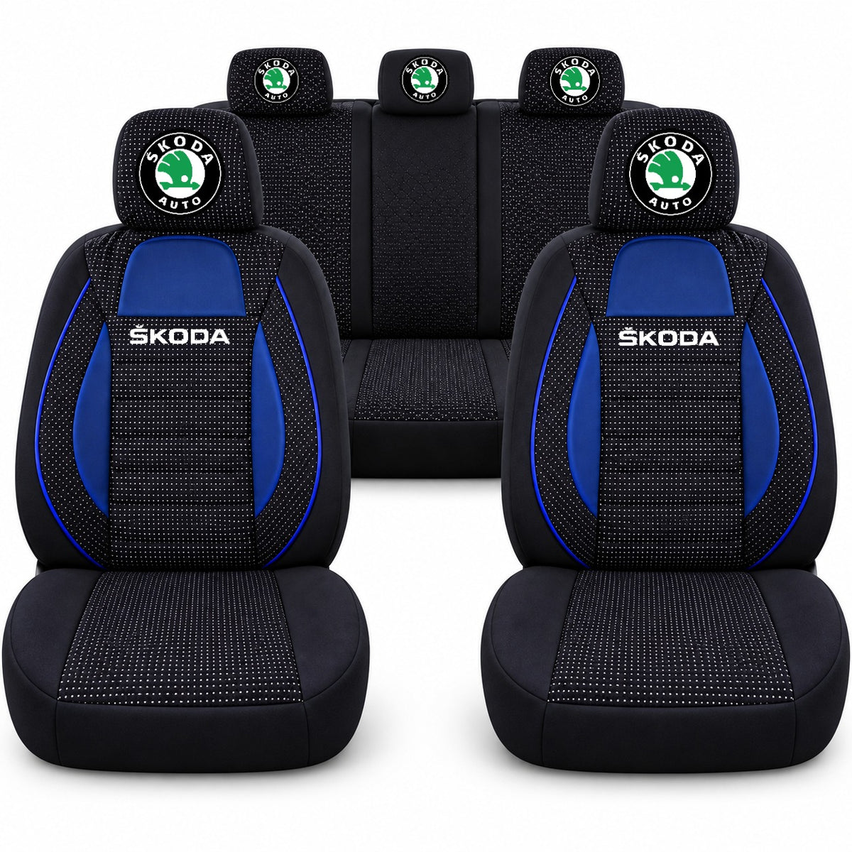 Set huse scaune Racing albastru cu negru cu logo Skoda