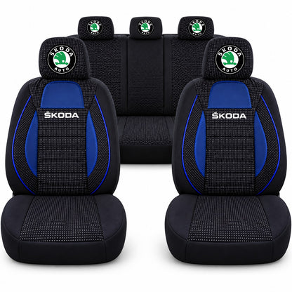 Set huse scaune Racing albastru cu negru cu logo Skoda