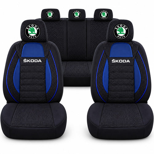 Set huse scaune Racing albastru cu negru cu logo Skoda
