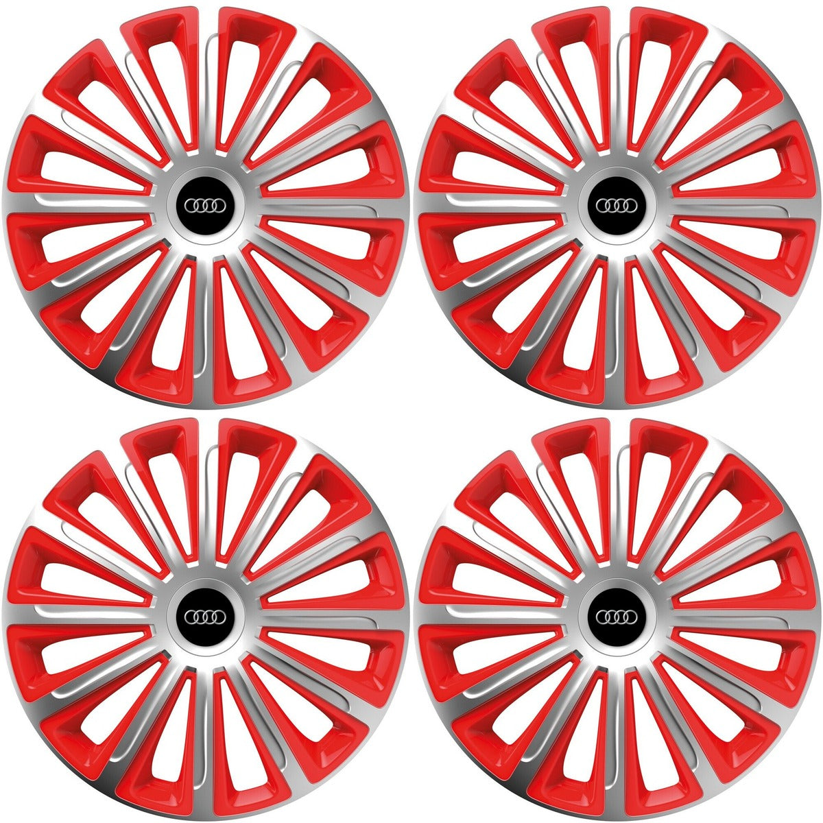 Set 4 capace roti 14 inchi (R14) compatibile AUDI, Model Trend Argintiu-Rosu