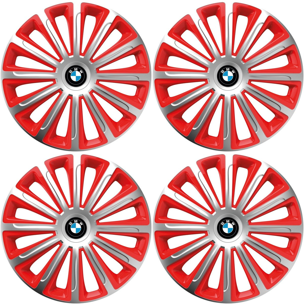 Set 4 capace roti 14 inchi (R14) compatibile BMW, Model Trend Argintiu-Rosu