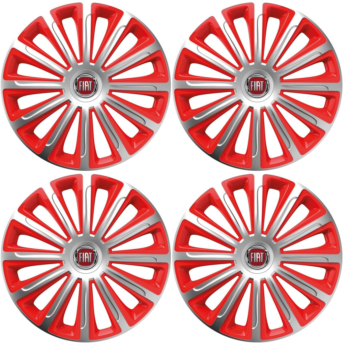 Set 4 capace roti 14 inchi (R14) compatibile FIAT, Model Trend Argintiu-Rosu