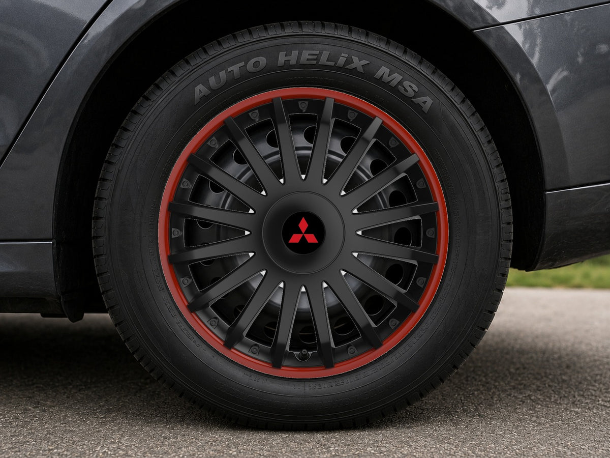 Set 4 capace roti 16 inchi (R16) compatibile MITSUBISHI, Model Kristal Negru-Rosu