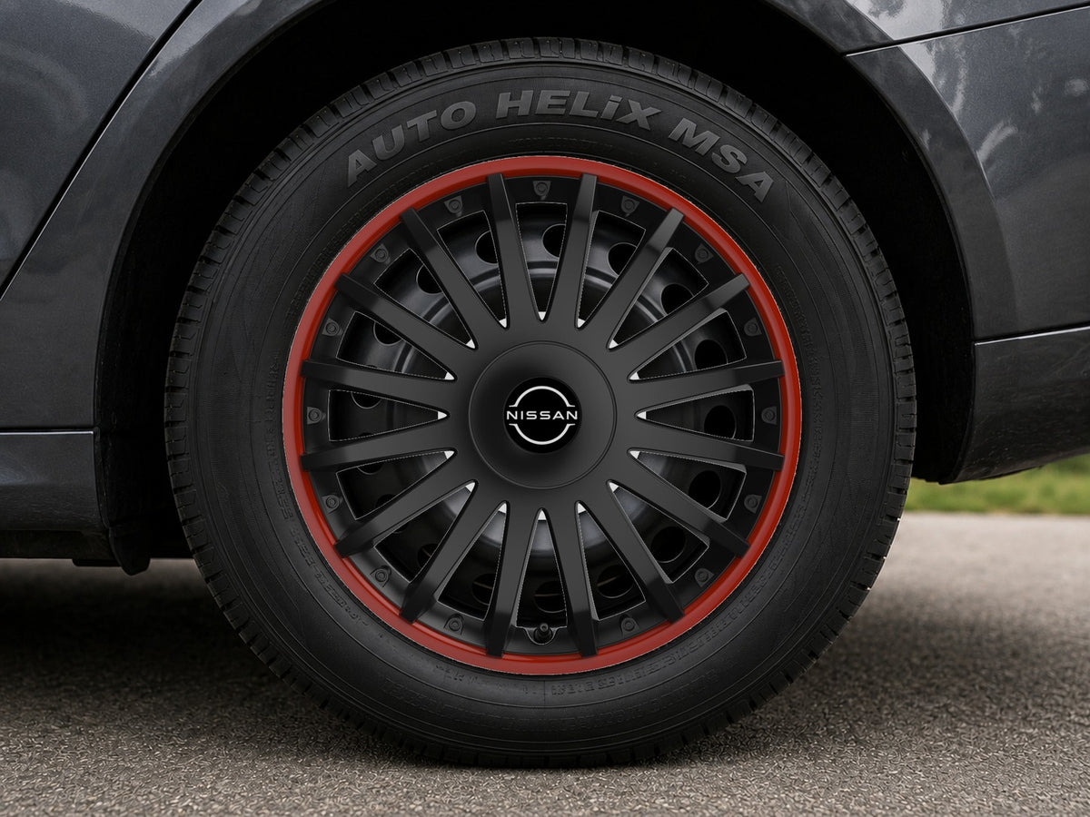 Set 4 capace roti 14 inchi (R14) compatibile NISSAN, Model Kristal Negru-Rosu