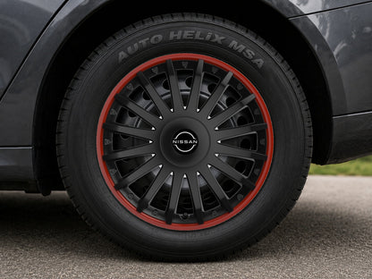 Set 4 capace roti 14 inchi (R14) compatibile NISSAN, Model Kristal Negru-Rosu