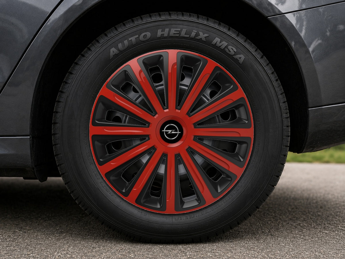 Set 4 capace roti 16 inchi (R16) compatibile OPEL, Model Trend Rosu-Negru