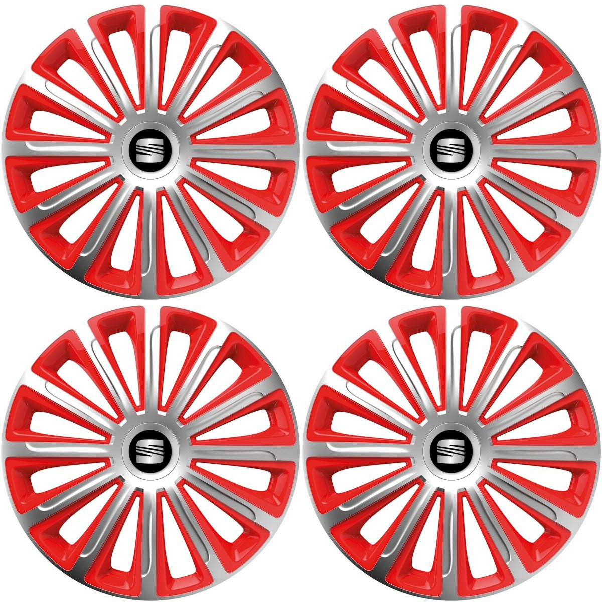 Set 4 capace roti 15 inchi (R15) compatibile SEAT, Model Trend Argintiu-Rosu