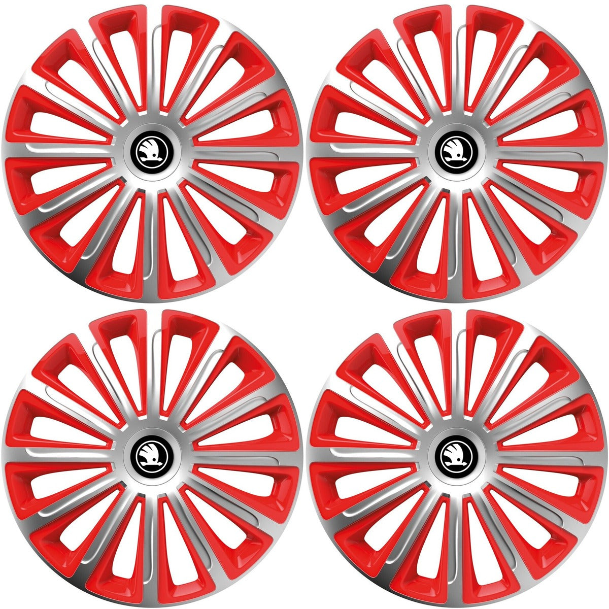 Set 4 capace roti 14 inchi (R14) compatibile SKODA, Model Trend Argintiu-Rosu