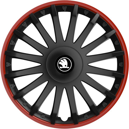 Set 4 capace roti 15 inchi (R15) compatibile SKODA, Model Kristal Negru-Rosu