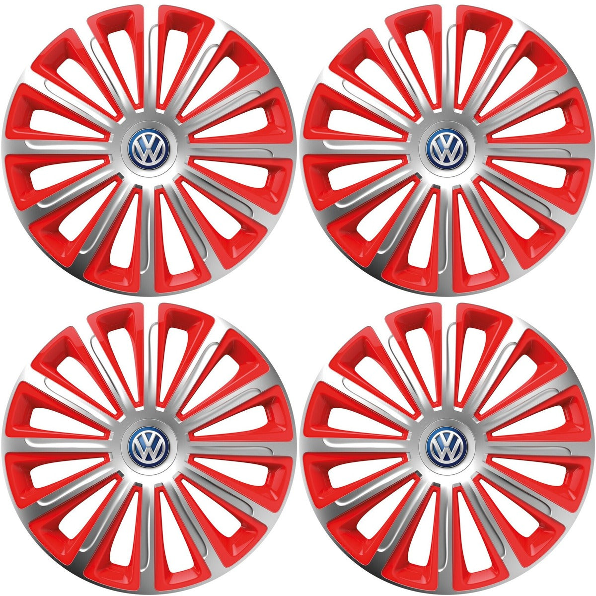 Set 4 capace roti 14 inchi (R14) compatibile VOLKSWAGEN, Model Trend Argintiu-Rosu