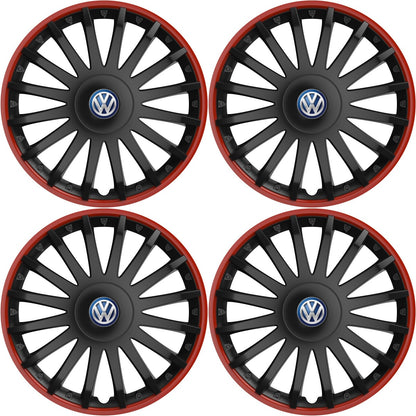 Set 4 capace roti 14 inchi (R14) compatibile VOLKSWAGEN, Model Kristal Negru-Rosu